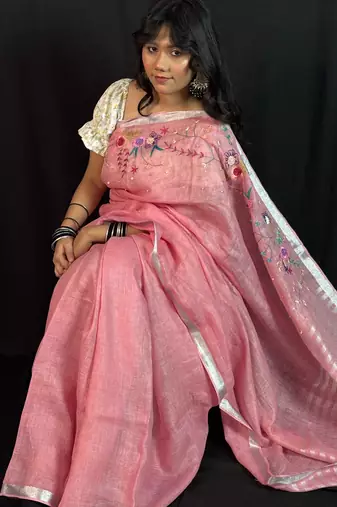 Pink handloom linen saree with hand embroidered work