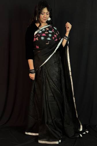Black handloom linen saree with hand embroidered work