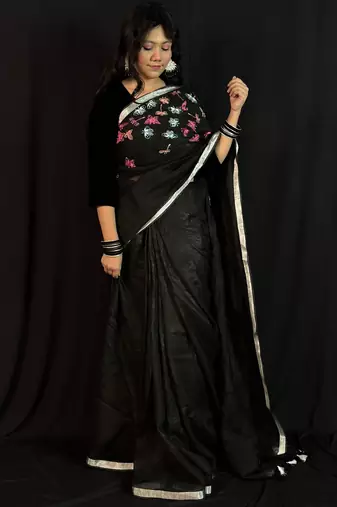 Black handloom linen saree with hand embroidered work