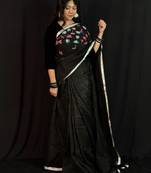 Black handloom linen saree with hand embroidered work