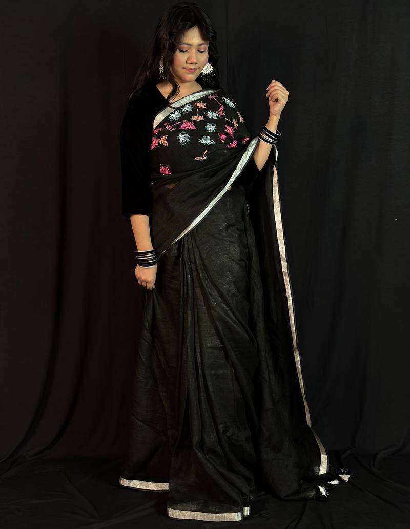 Black handloom linen saree with hand embroidered work