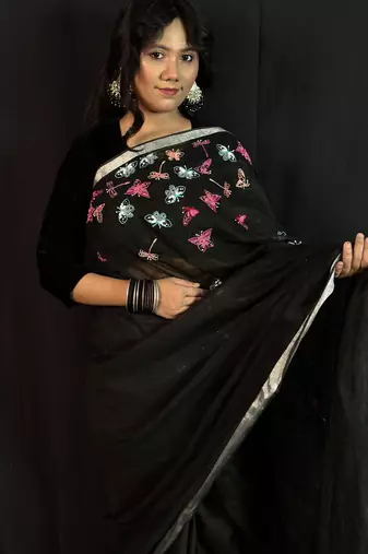 Black handloom linen saree with hand embroidered work