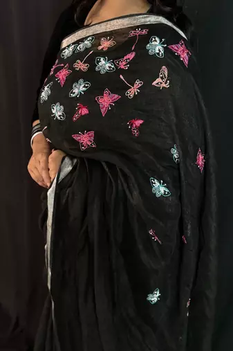 Black handloom linen saree with hand embroidered work