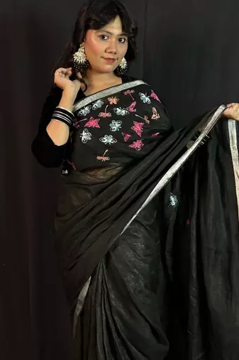 Black handloom linen saree with hand embroidered work