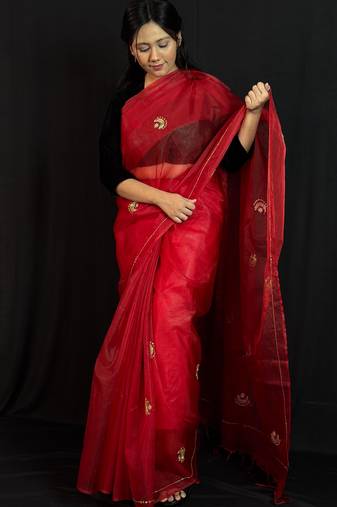 Red organza saree with hand embroidered work
