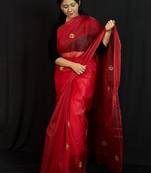 Red organza saree with hand embroidered work