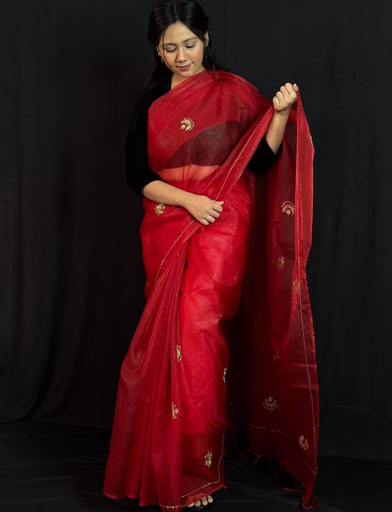 Red organza saree with hand embroidered work