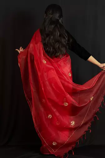 Red organza saree with hand embroidered work