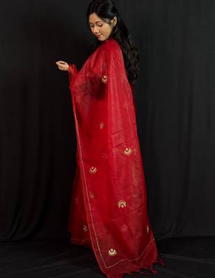 Red organza saree with hand embroidered work 3