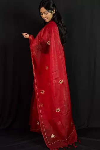 Red organza saree with hand embroidered work