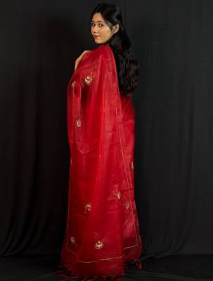 Red organza saree with hand embroidered work 4