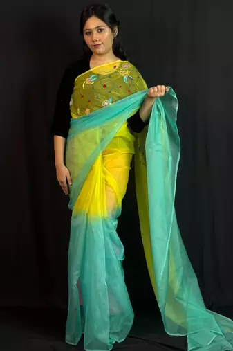 Green organza saree with hand embroidered work