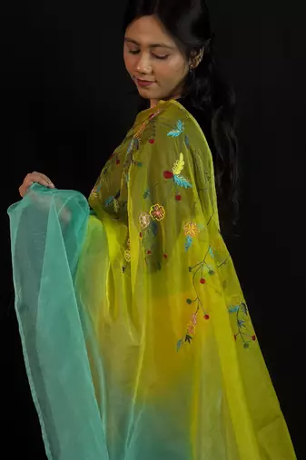 Green organza saree with hand embroidered work