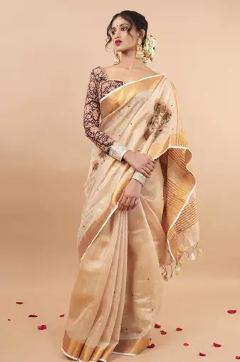 Golden tissue linen saree with hand embroidred work