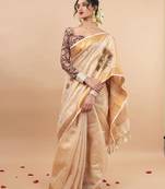 Golden tissue linen saree with hand embroidred work