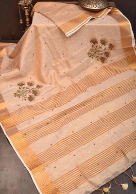Golden tissue linen saree with hand embroidred work 3