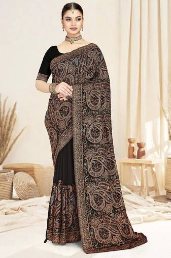 black kashmiri resham embroidery border work georgette saree for women
