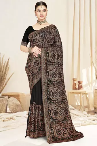 black kashmiri resham embroidery border work georgette saree for women