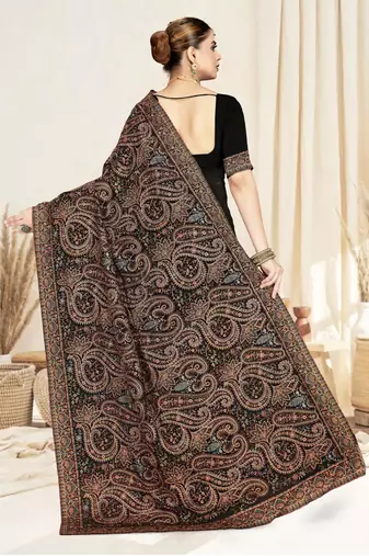 black designer saree with kashmiri resham embroidery