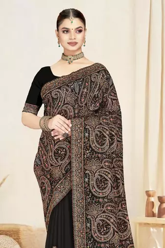 black designer saree with kashmiri resham embroidery