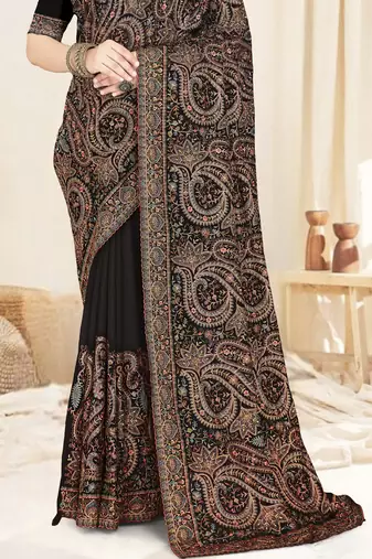 black designer saree with kashmiri resham embroidery