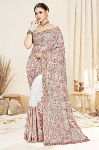 white kashmiri resham embroidery border work georgette saree for women