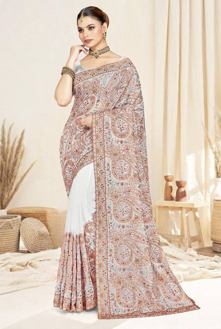 white designer saree with kashmiri resham embroidery