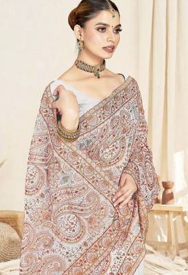 white designer saree with kashmiri resham embroidery 2