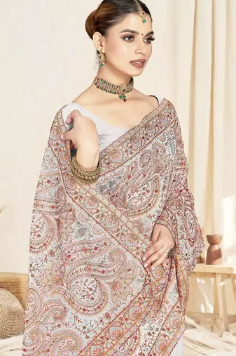 white designer saree with kashmiri resham embroidery
