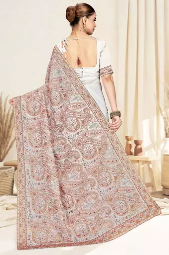 white designer saree with kashmiri resham embroidery