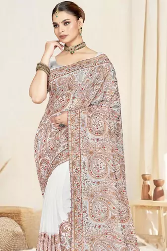white designer saree with kashmiri resham embroidery