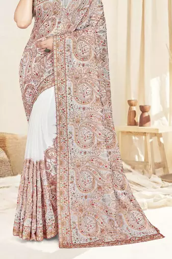 white designer saree with kashmiri resham embroidery
