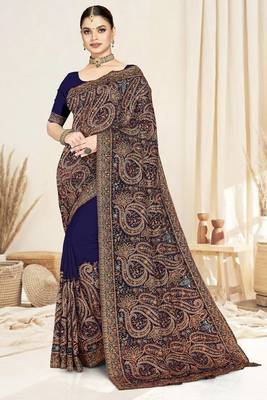 navy blue designer saree with kashmiri resham embroidery 1