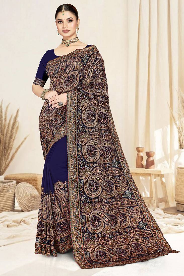 navy blue designer saree with kashmiri resham embroidery