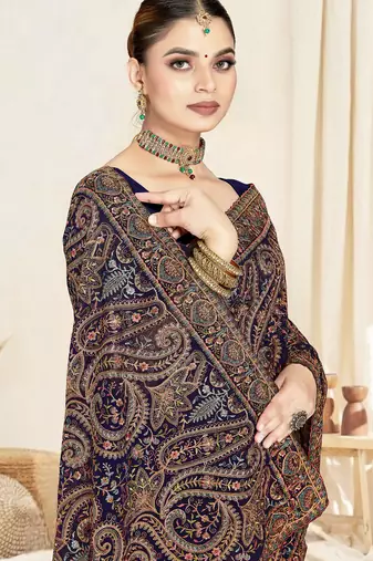navy blue designer saree with kashmiri resham embroidery