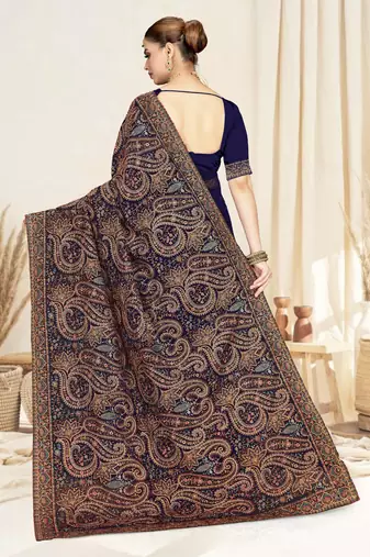 navy blue designer saree with kashmiri resham embroidery