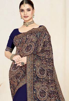 navy blue designer saree with kashmiri resham embroidery 4