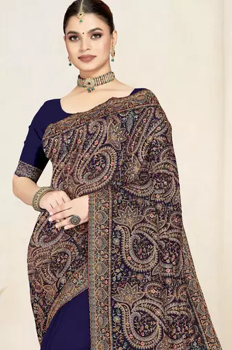 navy blue designer saree with kashmiri resham embroidery