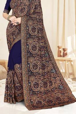 navy blue designer saree with kashmiri resham embroidery 5