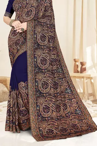navy blue designer saree with kashmiri resham embroidery