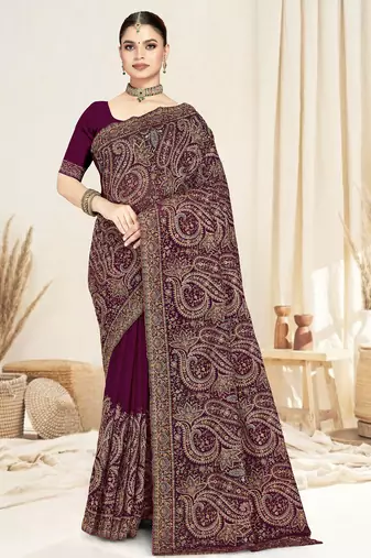 wine kashmiri resham embroidery border work georgette saree for women