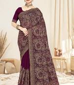 wine designer saree with kashmiri resham embroidery