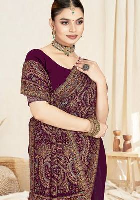 wine designer saree with kashmiri resham embroidery 2