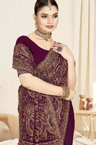 wine designer saree with kashmiri resham embroidery