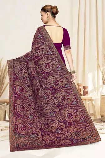 wine designer saree with kashmiri resham embroidery