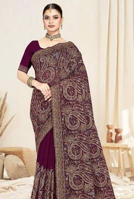 wine designer saree with kashmiri resham embroidery 4