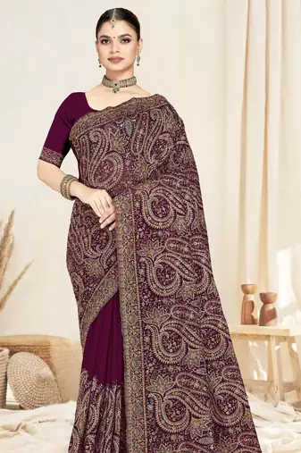 wine designer saree with kashmiri resham embroidery