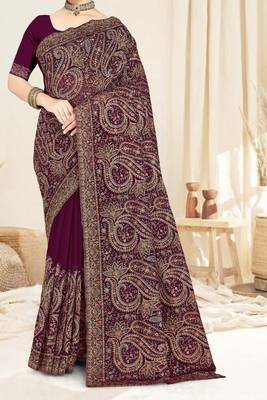 wine designer saree with kashmiri resham embroidery 5