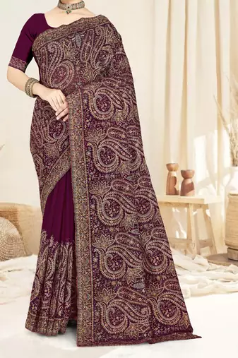 wine designer saree with kashmiri resham embroidery