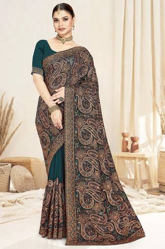 teal blue designer saree with kashmiri resham embroidery